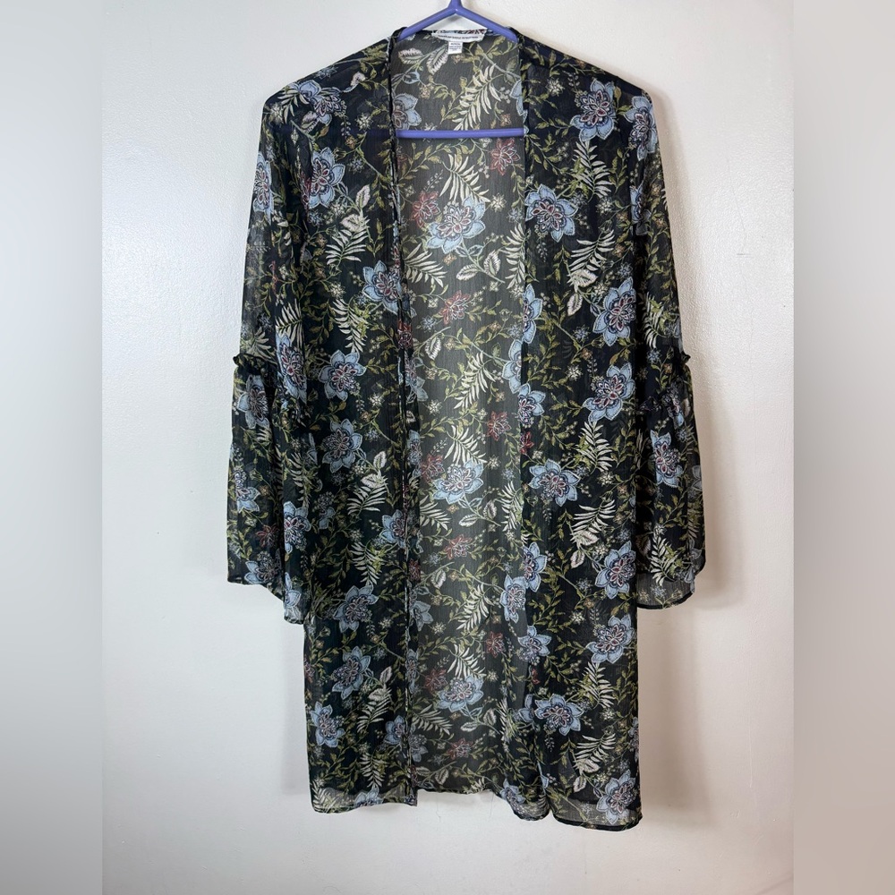 American Eagle Kimono Duster Sheer Floral‎ Medium Black Blue